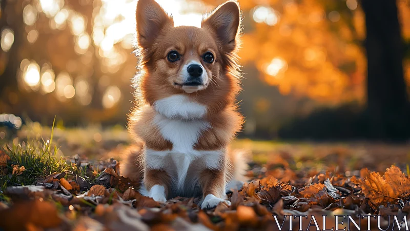 Adorable corgi poses among glowing autumn leaves outdoors.