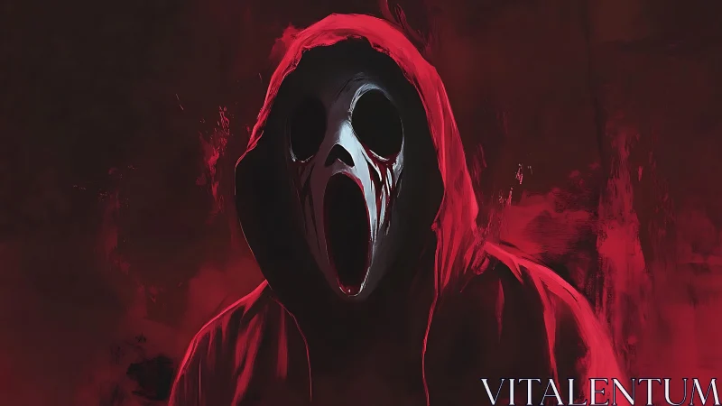 Crimson hooded specter with howling mask in smeared shadows.