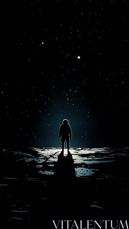 Solitary astronaut silhouette on cratered terrain under dense starfield