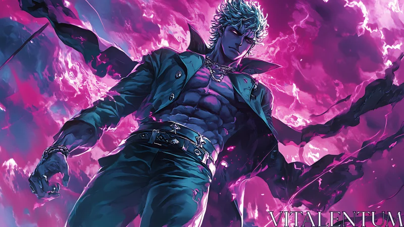 Storm-lit anime antihero amid swirling violet energy field.