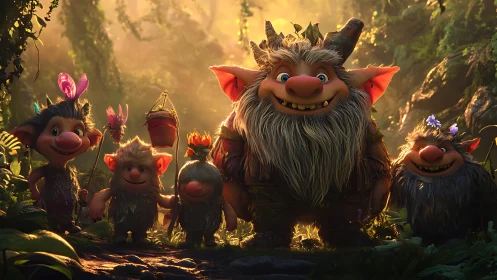 Cartoon troll family standing in sunlit dense forest scene.