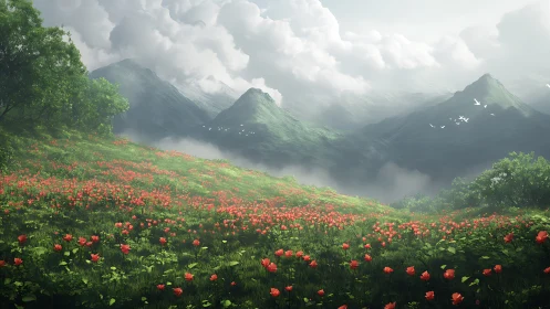 Wildflower oceans roll toward misty emerald mountain crowns