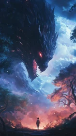 Child confronts colossal dragon within blazing twilight forest