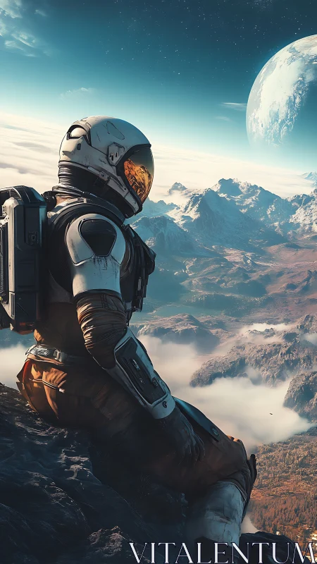 Solitary astronaut overlooking misty alien mountain valley.