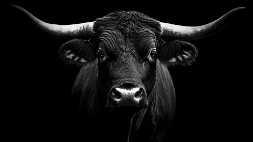 Monochrome longhorn bull portrait in dramatic darkness.