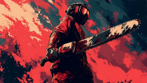 Bold chainsaw hero stands strong in a storm of blazing color.