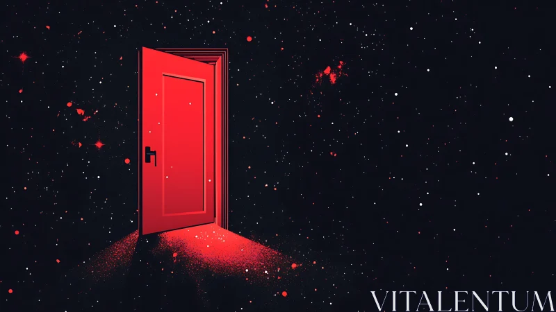 Luminous red portal dispersing particulate starlight into void.