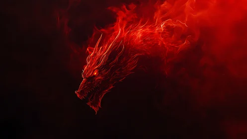 Digital painting of a red flame dragon head on black field.