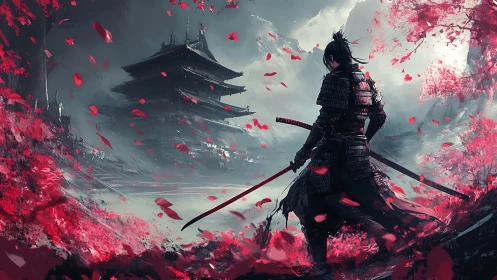 Samurai warrior stands before distant temple amid red petals