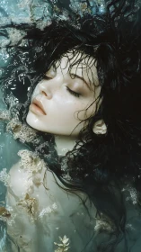 Ethereal woman submerged in teal water with drifting foam