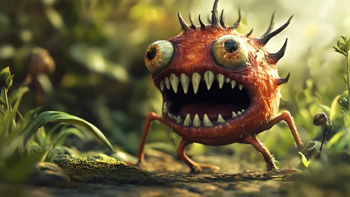Orange one-eyed monster walks through shallow forest floor