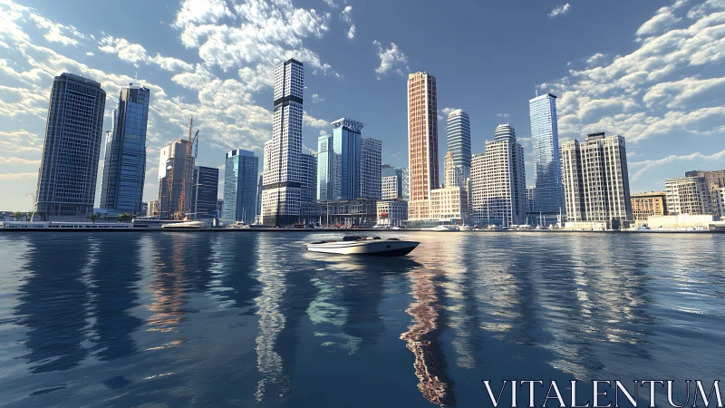 Modern harbor skyline glows above calm reflective water at dusk.