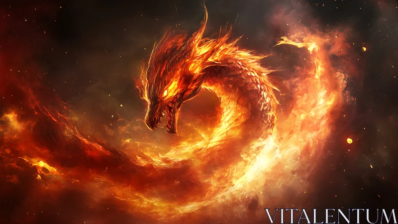 Serpentine fire dragon forming a curved arc in darkness.