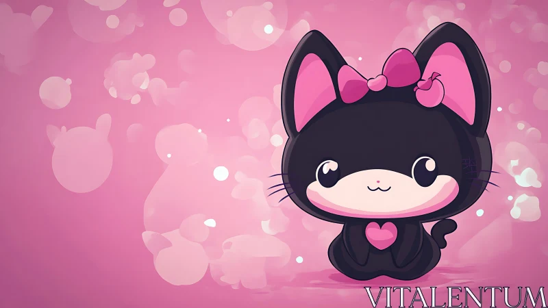 Sweet black kitten with pink bow in a dreamy bubble world.