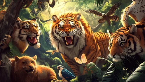 Tigers Roar Through Emerald Wilderness Magic.