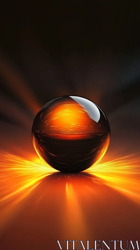 Glowing orange energy sphere over reflective dark surface.