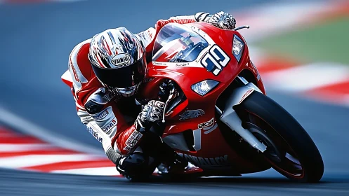 Motorcycle racer leaning through track corner at speed.