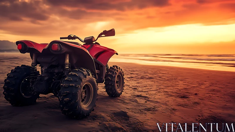 Four wheeled all terrain vehicle on wet coastal sand.