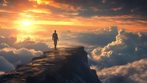 Solitary human silhouette on stratified cloudside escarpment.