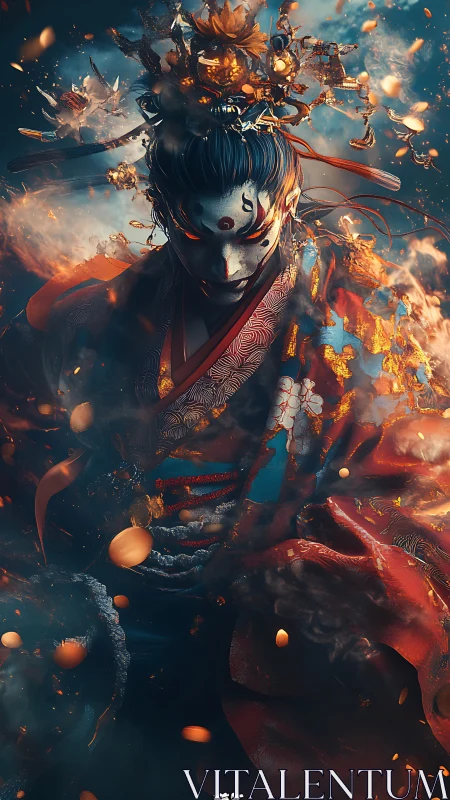 Masked oni warrior descends amid ember-laden ceremonial smoke