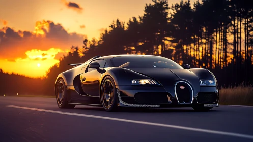 Black sports coupe on open road at sunset with trees behind.