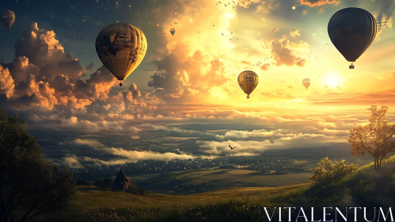 Luminous stratocumulus valley with ascending hot air balloons.