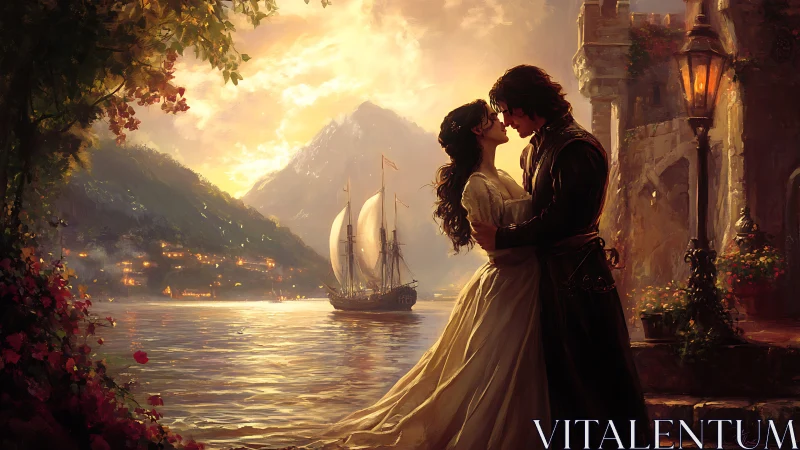 Romantic Coastal Evening with Sailing Vessel and Mountains.