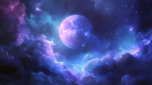 Dreamy violet moon drifting above glowing cosmic clouds.