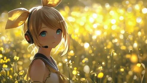 Headset girl in yellow flower field with bright bokeh light.