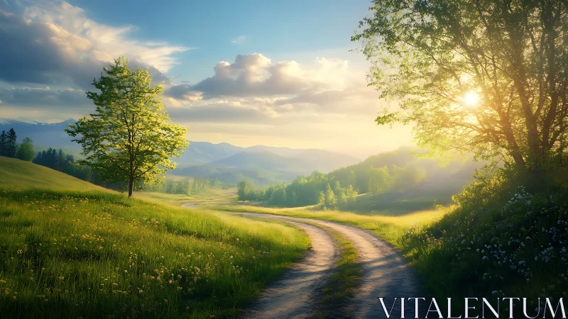 Curving dirt path through sunlit spring meadow and distant hills