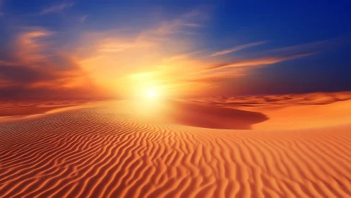 Luminous desert dunes under intense sunset gradient sky.