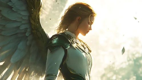 Backlit winged warrior angel in ornate gold plate armor