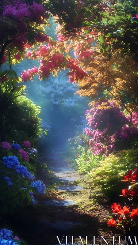 Sunlit blossom tunnel over a secret mossy garden path.