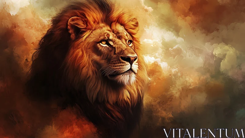 Majestic lion portrait amid glowing abstract clouds.