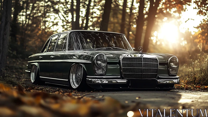 Classic lowered sedan in golden forest sunset glow scene.