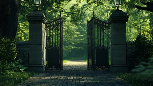 Ornate wrought iron gates frame sunlit garden path ahead.