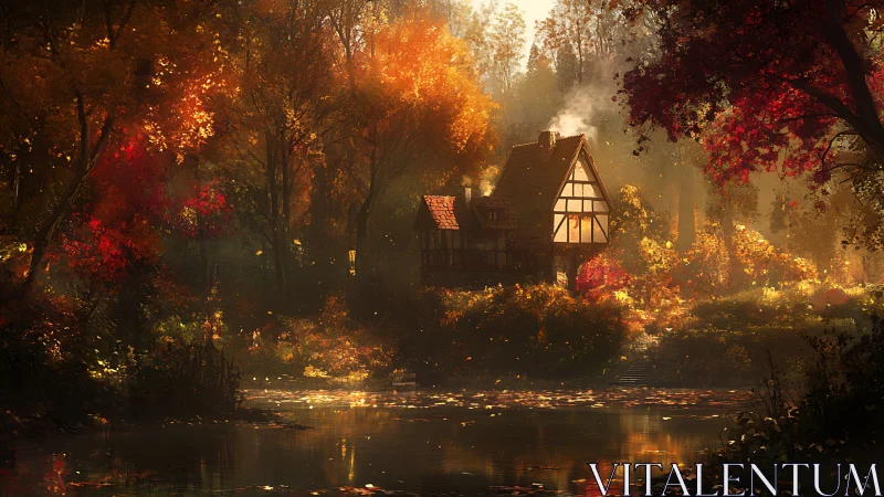 Autumn forest cottage with volumetric light and reflective pond rendering