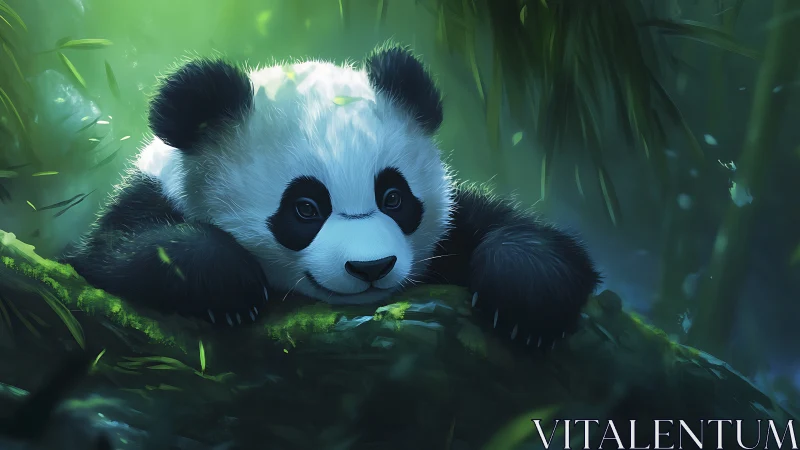 Juvenile giant panda resting on mossy log in dense forest.