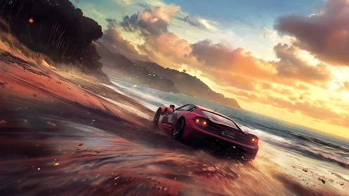 Scarlet supercar drifting along a sunlit tropical shoreline.