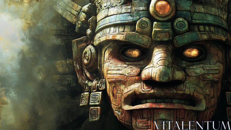 Ancient stone deity mask glows with molten golden eyes.