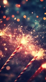 Striped sparklers burn against blurred festive bokeh lights