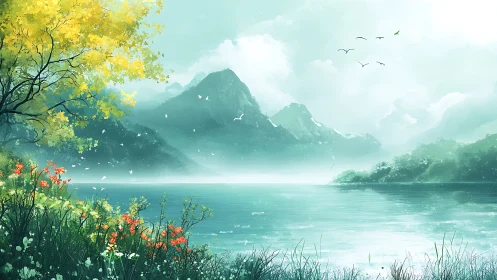 Tranquil mountain lake wrapped in soft mist and spring color.