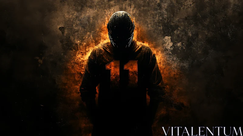 Silhouetted football player number eleven in fiery glow.