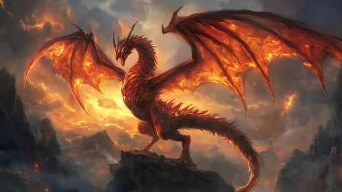 Fiery red dragon on cliff amid burning storm clouds.