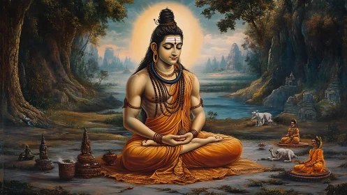 Meditating deity sits in forest landscape near riverbank