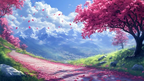 Petal-lined mountain path under stylized cherry trees and crisp peaks
