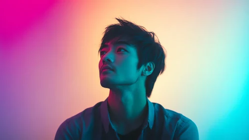 Portrait subject illuminated by gradient colored lighting