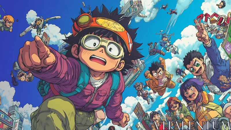 Group of flying children above cityscape in anime style.