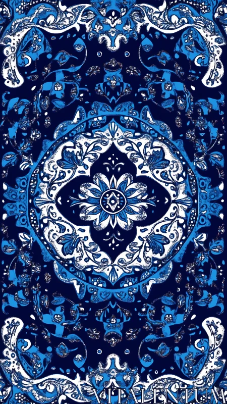Ornate blue and white floral mandala textile pattern.