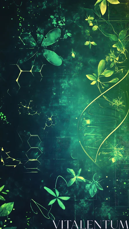 Bioluminescent genome vine twining through neon forest data.